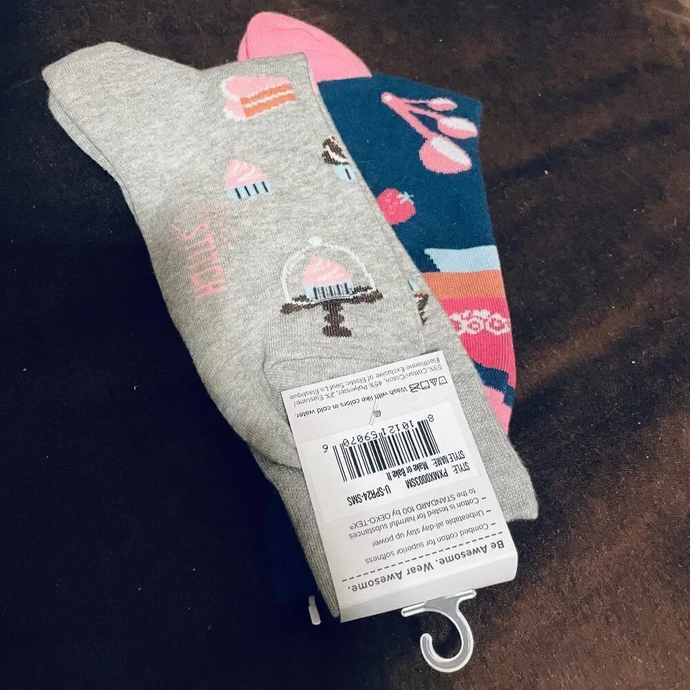 2 Pairs Sock It To Me Stitch Socks Navy Grey Baking Theme Kitchen Cake Pie